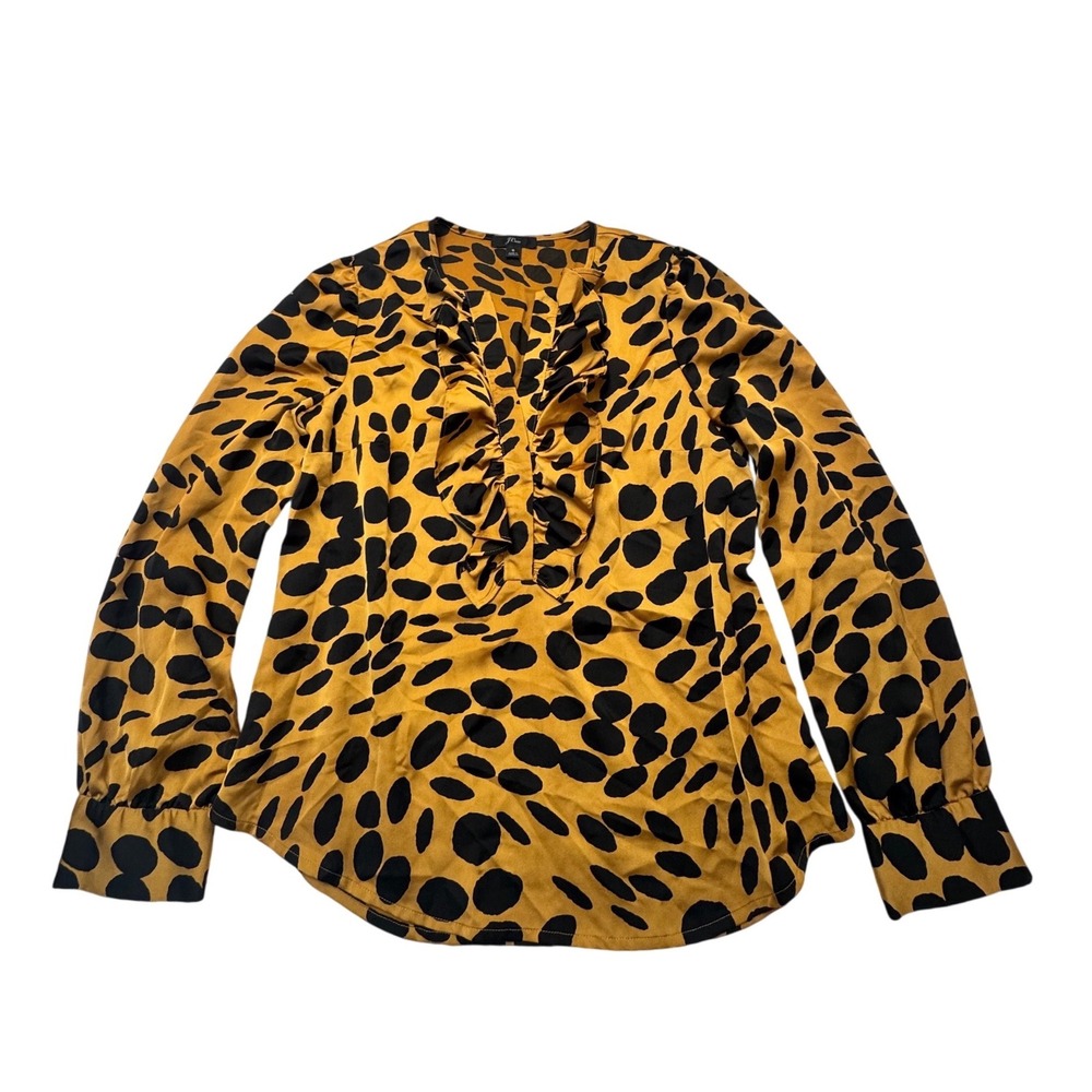 J.Crew Women Small Gold Black Leopard Dot Ruffle V-Neck Blouse Top